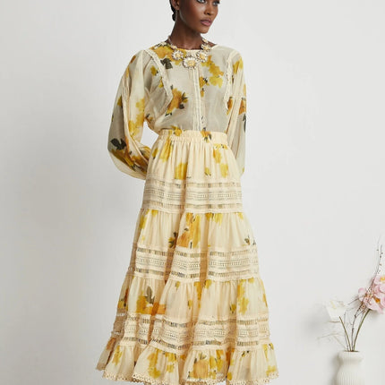 Éva yellow floralprint blouse  skirt matching set