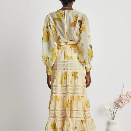 Éva yellow floralprint blouse  skirt matching set