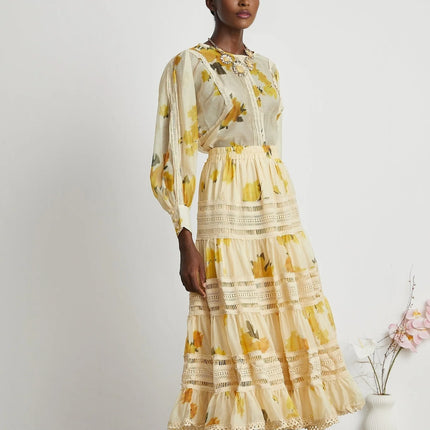 Éva yellow floralprint blouse  skirt matching set