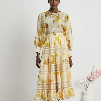 Éva yellow floralprint blouse  skirt matching set