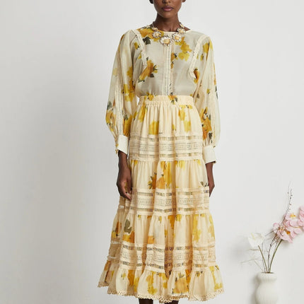 Éva yellow floralprint blouse  skirt matching set