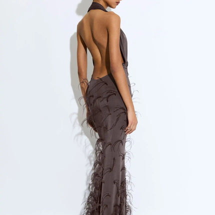 Evelyn wearing Brown A-Line Dress with Asymmetrical Neckline and Regular Sleeves