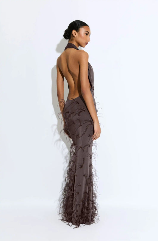 Evelyn wearing Brown A-Line Dress with Asymmetrical Neckline and Regular Sleeves