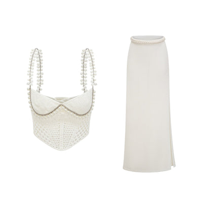Evelyn Neutrals Crochet Knit Two-Piece Top and Skirt Set