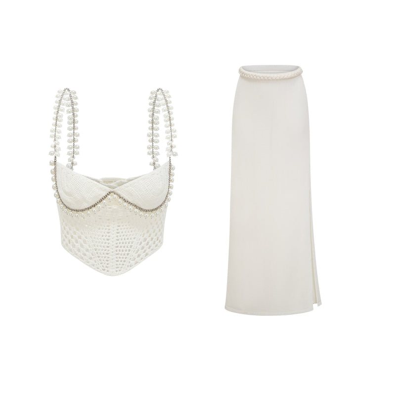 Evelyn Neutrals Crochet Knit Two-Piece Top and Skirt Set