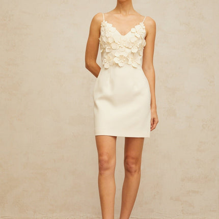 Evelyn White Mini Dress V-Neck Spaghetti Straps Cinched Waist 3D-Petal Faux-Pearl Detailing Thigh Length Rear Zip Fastening Terylene Fiber