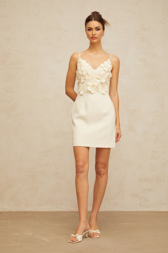 Evelyn White Mini Dress V-Neck Spaghetti Straps Cinched Waist 3D-Petal Faux-Pearl Detailing Thigh Length Rear Zip Fastening Terylene Fiber