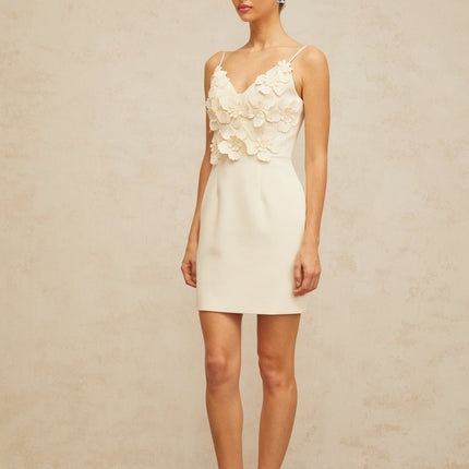 Evelyn White Mini Dress V-Neck Spaghetti Straps Cinched Waist 3D Petal Faux Pearl Detailing Thigh Length Rear Zip Fastening Terylene Fiber