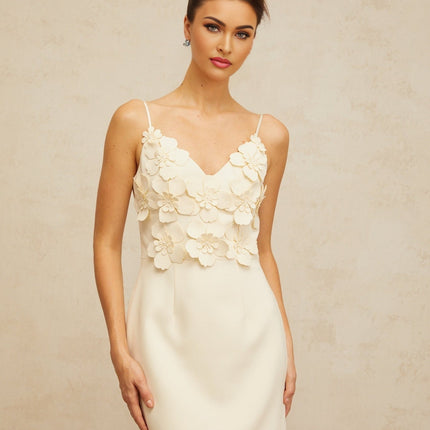 Evelyn White Mini Dress V-Neck Spaghetti Straps Cinched Waist 3D Petal Faux-Pearl Detailing Rear Zip Fastening Thigh Length Terylene Fiber