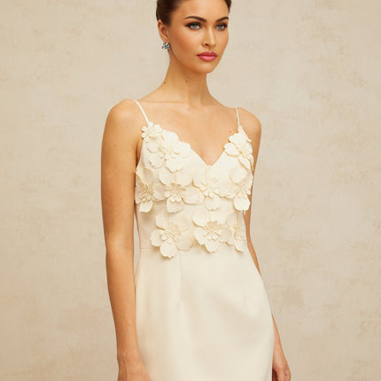 Evelyn White Mini Dress V-Neckline Spaghetti Straps Cinched Waist 3D-Petal Faux-Pearl Detailing Rear Zip Fastening Thigh Length Terylene Fiber