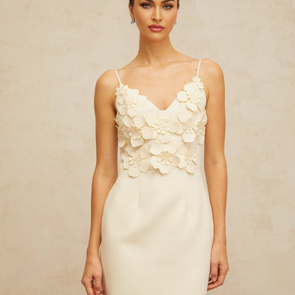 Evelyn White Mini Dress V-neckline Spaghetti Straps Cinched Waist 3D-petal Faux-pearl Detailing Rear Zip Fastening Thigh Length Terylene Fiber Luxury Allure
