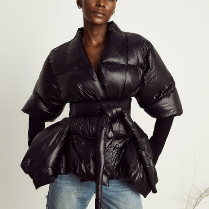 Everleigh Black Padded Jacket Batwing Duvet Knit Trim Recycled Polyamide