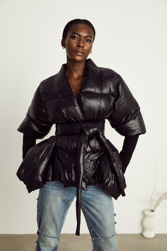 Everleigh Black Padded Jacket Batwing Duvet Knit Trim Recycled Polyamide