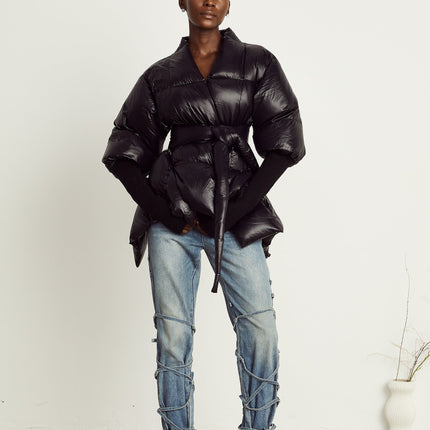 Everleigh Black Padded Jacket with Knit Trim and Asymmetric Hem