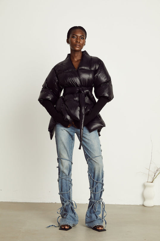 Everleigh Black Padded Jacket with Knit Trim and Asymmetric Hem