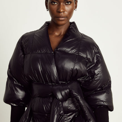 Everleigh Black Padded Jacket with Knit Trim and Asymmetric Hem