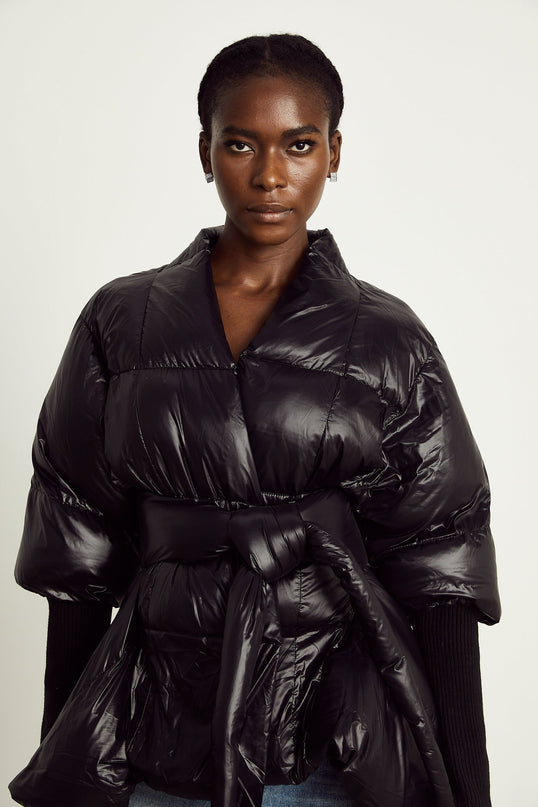 Everleigh Black Padded Jacket with Knit Trim and Asymmetric Hem