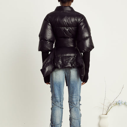 Everleigh Black Padded Jacket with Knit Trim and Belted Waist in 100% Recycled Polyamide
