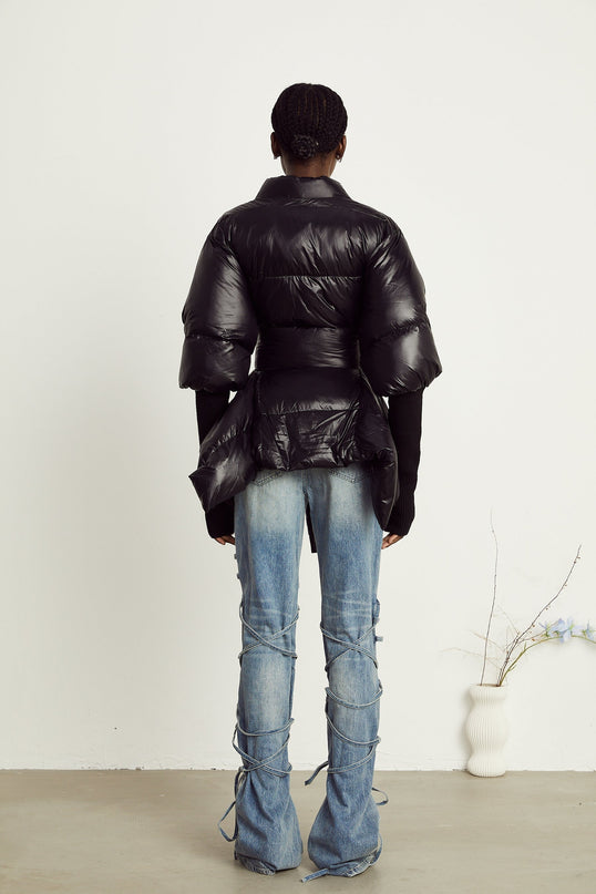 Everleigh Black Padded Jacket with Knit Trim and Belted Waist in 100% Recycled Polyamide