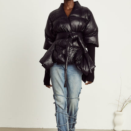 Everleigh Black Padded Jacket with Knit Trim and Asymmetric Hem