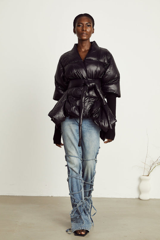 Everleigh Black Padded Jacket with Knit Trim and Asymmetric Hem