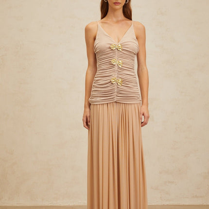 Everleigh Neutrals Luxury Top Skirt Set Brooch Ruched Pleats Maxi Terylene Fiber Sophisticated Elegant Soiree Special Event Style Grace