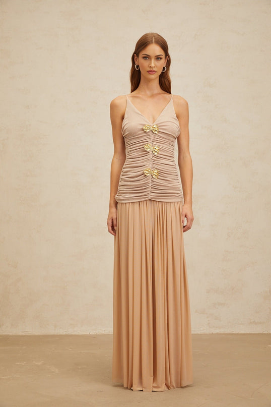 Everleigh Neutrals Luxury Top Skirt Set Brooch Ruched Pleats Maxi Terylene Fiber Sophisticated Elegant Soiree Special Event Style Grace