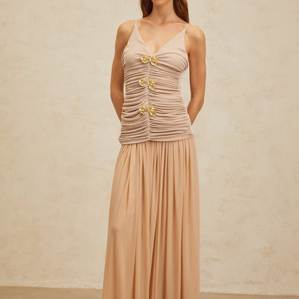 Everleigh Neutrals Luxury Top Skirt Set Brooch Ruched Spaghetti Straps Pleats Maxi Terylene Fiber Soiree Event Style Grace