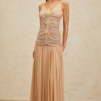 Everleigh Neutrals Top Skirt Set Luxury Craftsmanship Brooch Ruched Accents Sleeveless Spaghetti Straps Pleats Maxi Length Silhouette Terylene Fiber Soiree Special Event Style Grace