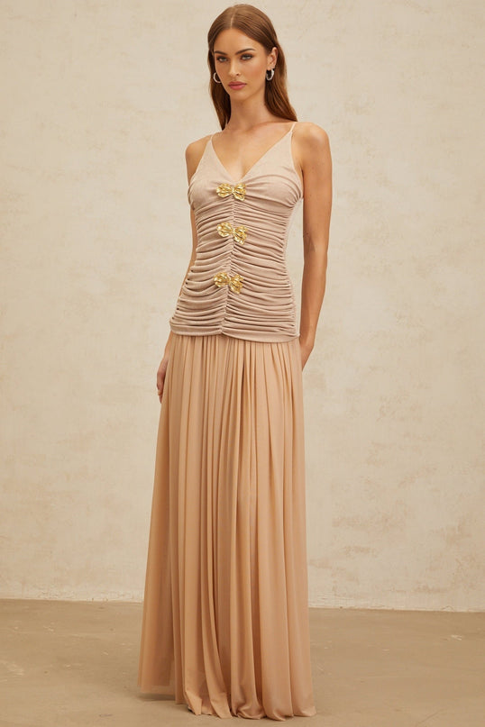Everleigh Neutrals Top Skirt Set Luxury Craftsmanship Brooch Ruched Accents Sleeveless Spaghetti Straps Pleats Maxi Length Silhouette Terylene Fiber Soiree Special Event Style Grace