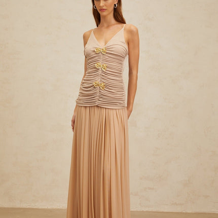 Everleigh Neutrals Top Skirt Set Luxury Terylene Fiber Brooch Detailing Ruched Accents Pleats Maxi Length Silhouette Sophistication Elegance Soiree Special Event Style Grace