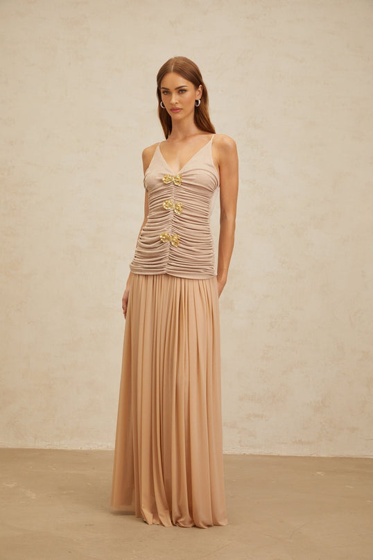 Everleigh Neutrals Top Skirt Set Luxury Terylene Fiber Brooch Detailing Ruched Accents Pleats Maxi Length Silhouette Sophistication Elegance Soiree Special Event Style Grace