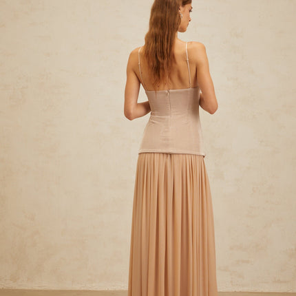 Everleigh Neutrals Luxury Top Skirt Set Brooch Ruched Spaghetti Straps Pleats Maxi Silhouette Terylene Fiber Soiree Special Event Style Grace