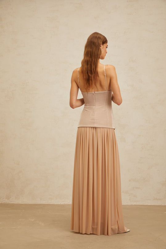 Everleigh Neutrals Luxury Top Skirt Set Brooch Ruched Spaghetti Straps Pleats Maxi Silhouette Terylene Fiber Soiree Special Event Style Grace