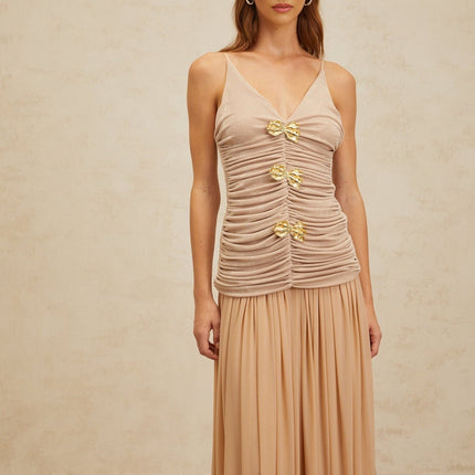 Everleigh Neutrals Top Skirt Set Luxury Terylene Fiber Brooch Detailing Ruched Accents Pleats Maxi Length Silhouette Sophistication Elegance Soiree Special Event Style Grace