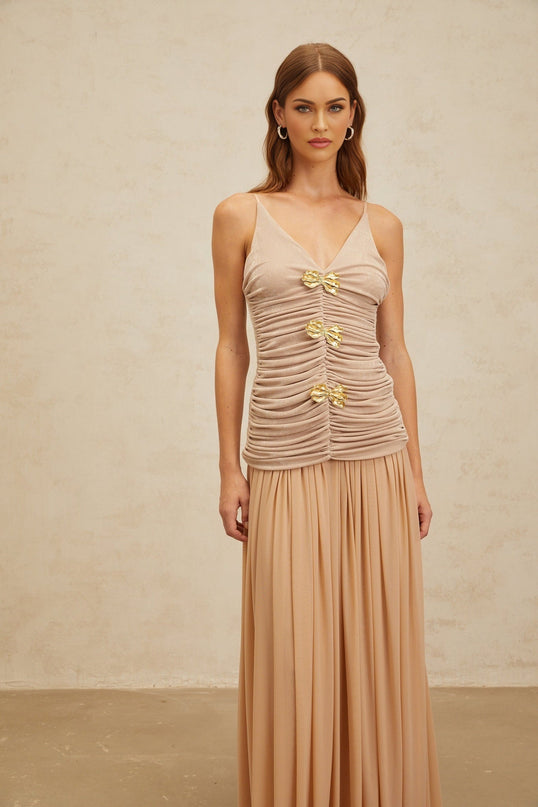 Everleigh Neutrals Top Skirt Set Luxury Terylene Fiber Brooch Detailing Ruched Accents Pleats Maxi Length Silhouette Sophistication Elegance Soiree Special Event Style Grace