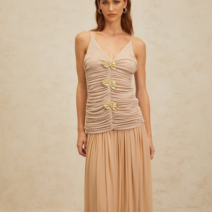 Everleigh Neutrals Luxury Top Skirt Set Brooch Ruched Spaghetti Straps Pleats Maxi Terylene Fiber Soiree Special Event Style Grace