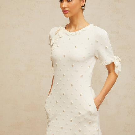 Everleigh White Polka Dot Heart Cut-Out Mini Dress with Pearl Embellishments