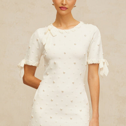 Everleigh White Polka Dot Mini Dress with Heart Cut-Out Detailing and Pearl Embellishments