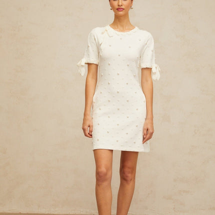 Everleigh White Polka Dot Mini Dress with Heart Cut-Out Detailing and Pearl Embellishments