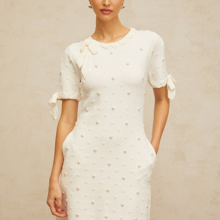 Everleigh White Polka Dot Mini Dress with Heart Cut-Out Detailing and Pearl Embellishments