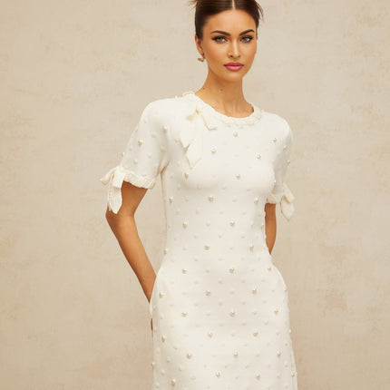 Everleigh White Polka Dot Mini Dress with Heart Cut-Out Detailing and Pearl Embellishments