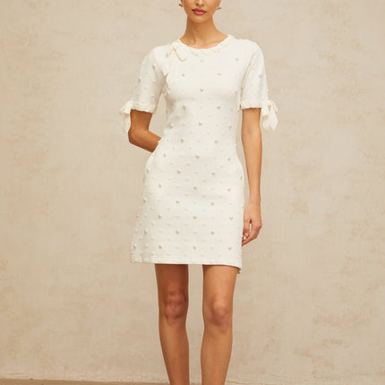 Everleigh White Polka Dot Mini Dress with Heart Cut-Out Detailing and Pearl Embellishments