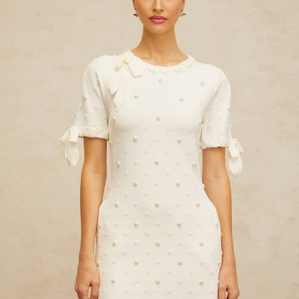 Everleigh White Polka Dot Mini Dress with Heart Cut-Out Detailing and Pearl Embellishments
