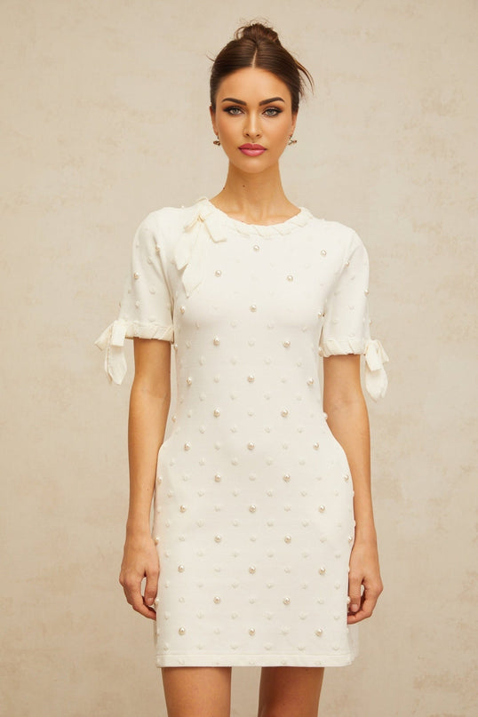 Everleigh White Polka Dot Mini Dress with Heart Cut-Out Detailing and Pearl Embellishments
