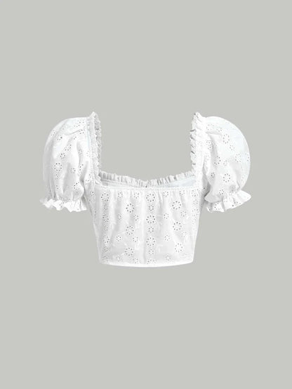 Eyelet Embroidery Puff Sleeve Frill Trim Crop Blouse