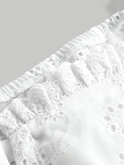 Eyelet Embroidery Puff Sleeve Frill Trim Crop Blouse