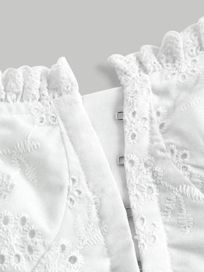 Eyelet Embroidery Puff Sleeve Frill Trim Crop Blouse