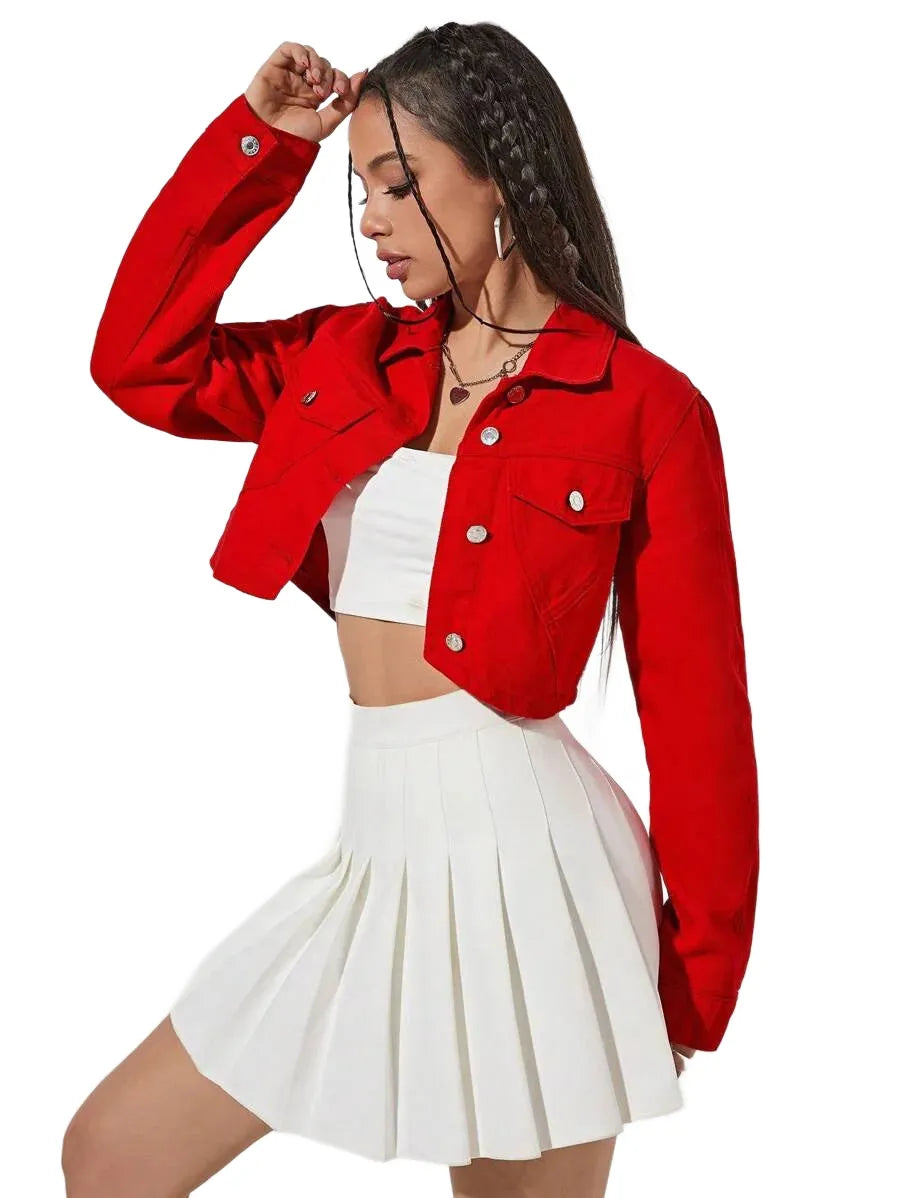 EZwear Flap Pocket Crop Denim Jacket