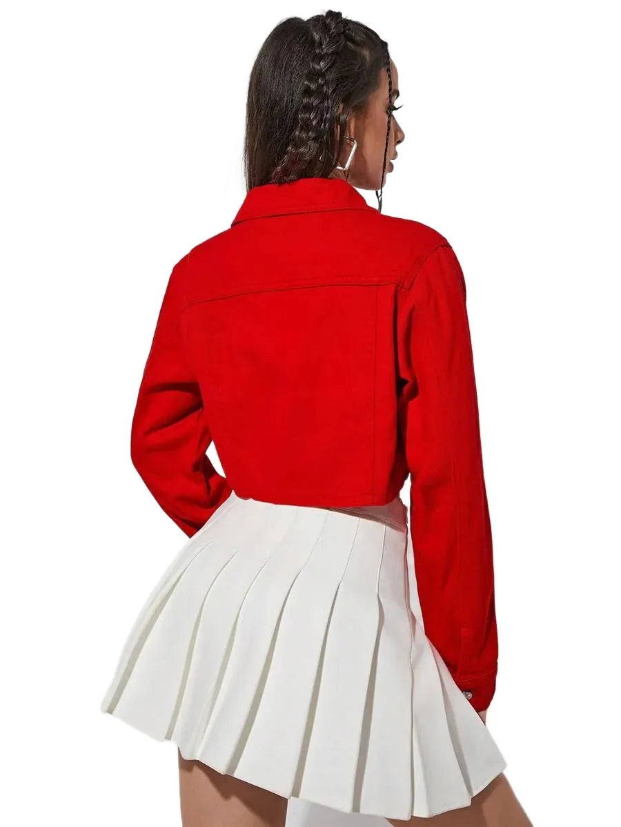 EZwear Flap Pocket Crop Denim Jacket